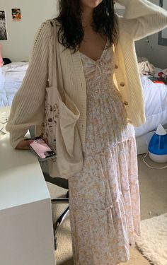 Cosy Summer Outfit, Cute Modest Church Outfits, Modest Church Dress, Cute And Modest Outfits, Comfy Feminine Outfits, Dress And Cardigan Outfit Summer, Long Sleeve Summer Dress Casual, Soft Feminine Outfits Casual, Long Dress With Cardigan