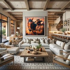 a living room filled with furniture and a painting on the wall