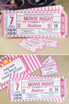 some pink and white striped tickets sitting on top of a table