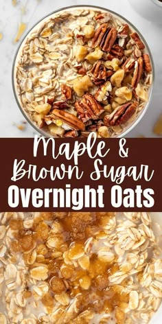 maple and brown sugar overnight oatmeal in a white bowl with pecans