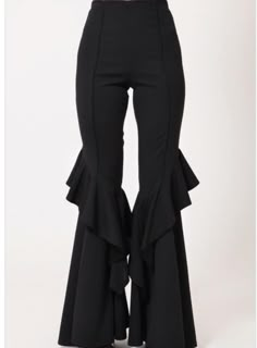 High waist bell bottoms with ruffle details at the bottom of the pants. It has a back zipper closure. Material: 95% polyester/ 5% spandex Model is wearing a size small. Bell Bottom Pants, Mode Inspo, Pants Design, Bell Bottom, Concert Outfit, Stylish Dresses, Bell Bottoms, Classy Outfits, Fashion Pants