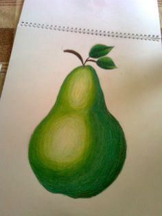 a drawing of a green pear with leaves on it