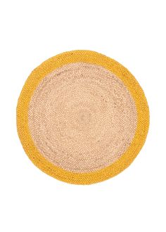 a yellow and beige rug on a white background with an oval design in the middle