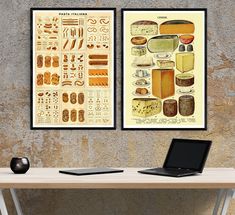 two framed posters with different types of food on them