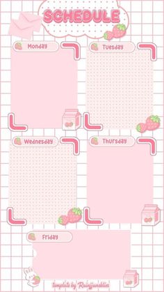 a pink calendar with strawberrys on it and the words schedule written in white letters