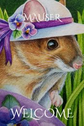 a painting of a mouse wearing a purple hat with flowers on it's head