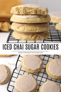 iced chai sugar cookies on a cooling rack with bananas in the background and text overlay that reads iced chai sugar cookies