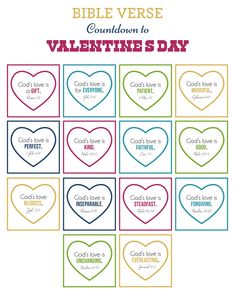 the printable bible verse valentine's day game is shown with hearts in different colors