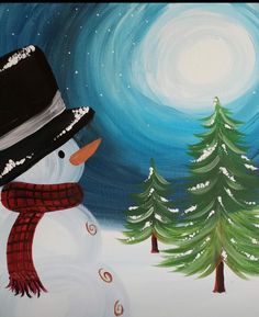 a painting of a snowman with a hat and scarf around his neck standing in front of a pine tree