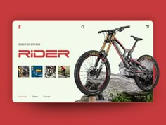 a mountain bike is displayed on a red and white card that says, rider