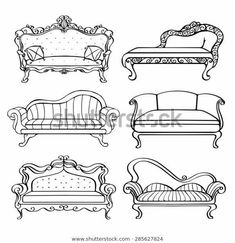 set of vintage furniture line drawing on white background