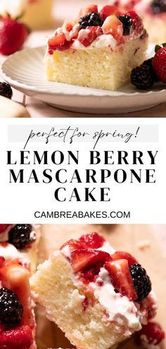 lemon berry mascarpone cake on a white plate