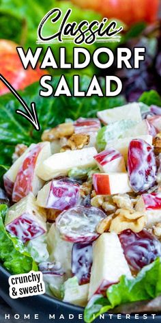 a close up of a salad in a bowl with apples and nuts on the side