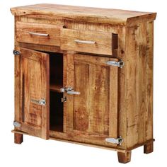 a wooden cabinet with two doors and drawers