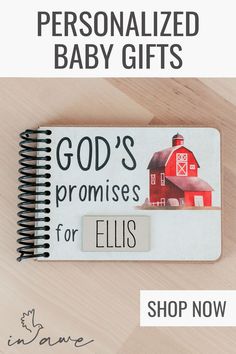 a baby's book with the words god's promises for ellis on it