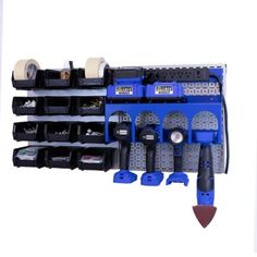 there is a blue tool rack with tools in it