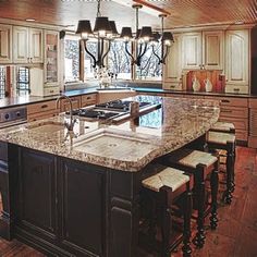 a large kitchen with an island in the middle