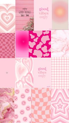 pink and gold wallpapers with hearts, stars, checkered patterns and words