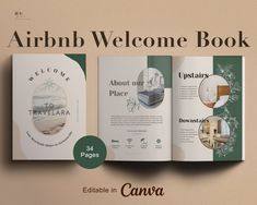 an open brochure with the words, welcome book and images in green on it