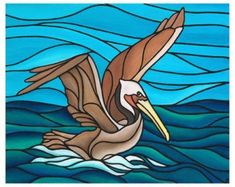 a stained glass painting of a pelican in the water with its wings spread