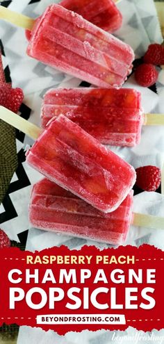 A no-bake dessert for adults! It's a must-try summer recipe. Not only do these raspberry popsicles have a chunk of fresh peach, but they are also flavored with champagne. Definitely the perfect frozen treat on a hot day! Champagne Popsicles, Raspberry Popsicles, Easy Summer Dessert, Recipes With Few Ingredients, Easy Summer Desserts, Easy No Bake Desserts, Frozen Treat, Baked Dessert Recipes