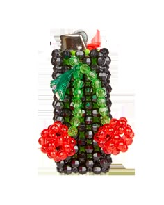 a beaded cell phone case with red and green beads on the front, attached to a metal clip