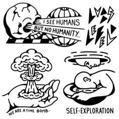 some black and white drawings with words on them that say self - exploration