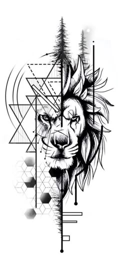 a black and white drawing of a lion's face with geometric shapes in the background