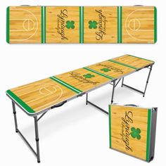 a table with four different designs on the top and two side panels that have basketballs on them