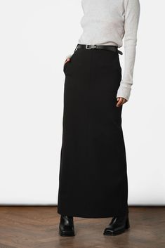 Tilde Maxi Skirt - Black Long Fall Skirt, The Row Aesthetic Outfit, Wool Maxi Skirt Outfit, Black Silk Maxi Skirt, How To Style Black Maxi Skirt, Boots And Maxi Skirt, Long Skirt Office Outfit, Black Pencil Skirt Outfits, Long Skirt Work Outfit