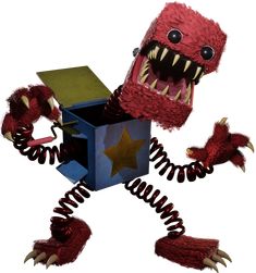 a red monster holding a box with its mouth open