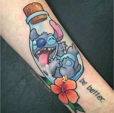 a cartoon character in a bottle with an orange flower on its arm that says, it's better