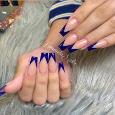 Dark Blue V French Tip Nails, Blue Triangle French Tip Nails, Blue V French Tip Nails, Peach And Blue Nails, Dark Blue French Nails, V Cut Nails, Royal Blue French Tip Nails, Dark Blue French Tip Nails, Black And Blue Nails