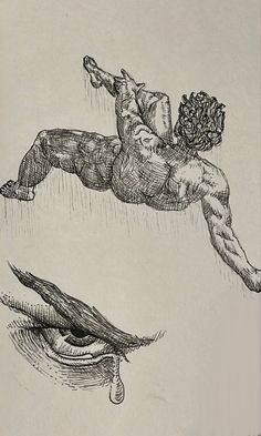 an ink drawing of a man falling in the rain with his arm outstretched and head down