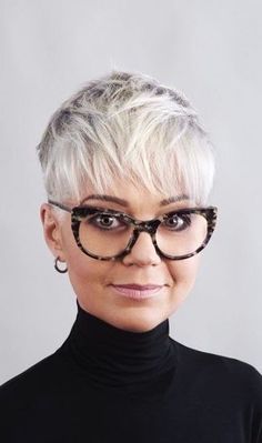 Newest Hairstyles For 2022, Platinum Short Pixie, Two Toned Pixie Haircut, Short Hair And Glasses Women, Short Gray Hair Edgy, Chic Pixie Haircut, Short Hair And Glasses