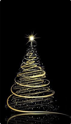 a christmas tree with gold swirls and a star above it on a black background