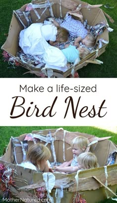 two children playing in a cardboard bird nest with the words make a life - sized bird nest