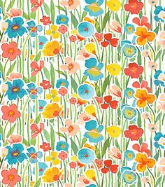 an image of colorful flowers and grass on a white background with blue, red, yellow, orange and green leaves