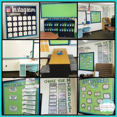 several pictures of classroom decorations and bulletin boards