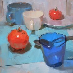 an oil painting of tomatoes and bowls on a blue table cloth with spoons next to them