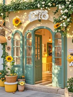 a coffee shop with sunflowers and potted plants on the front door,