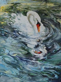 a painting of a swan swimming in the water