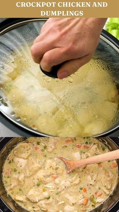 crockpot chicken and dumplings in the instant pot with text overlay that reads, how to make crockpot chicken and dumplings