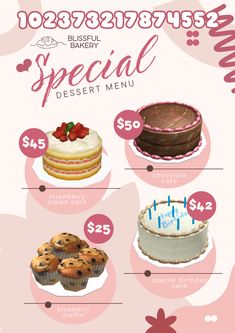 an info sheet with different types of cakes and cupcakes on it's side