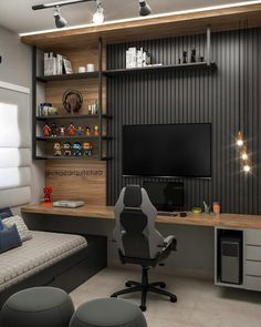 a room with a couch, desk and television