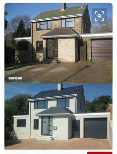 before and after pictures of a house with garage doors