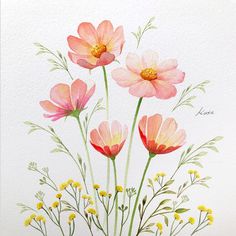 watercolor painting of pink flowers in a vase on white paper with yellow daisies