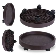 three round trays with handles and knobs on each side, one holding an object in the middle