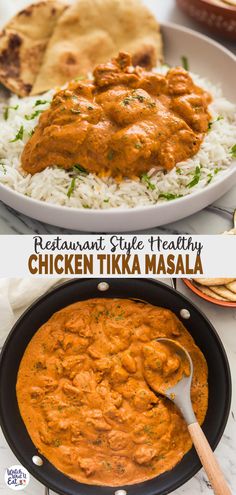 chicken tikka masala in a skillet with rice and pita bread