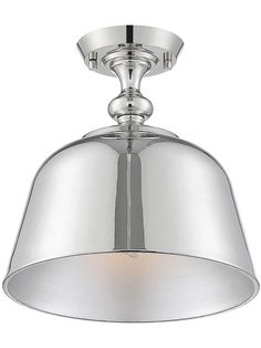 a chrome ceiling light with a white shade